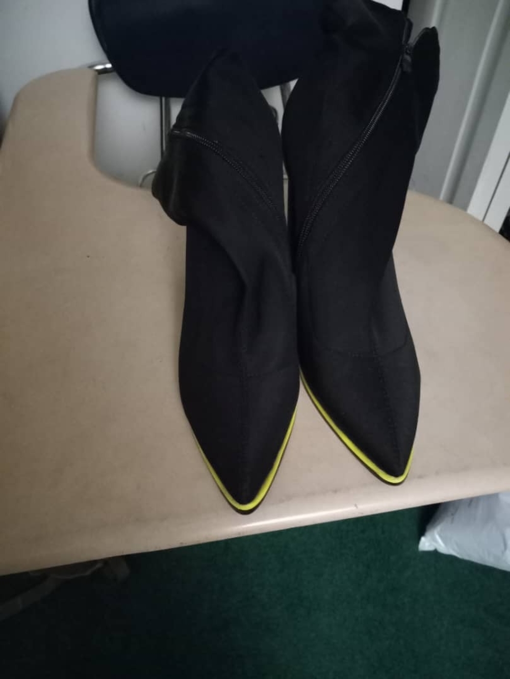 Black Pointed Sock Boots with Yellow Trim
